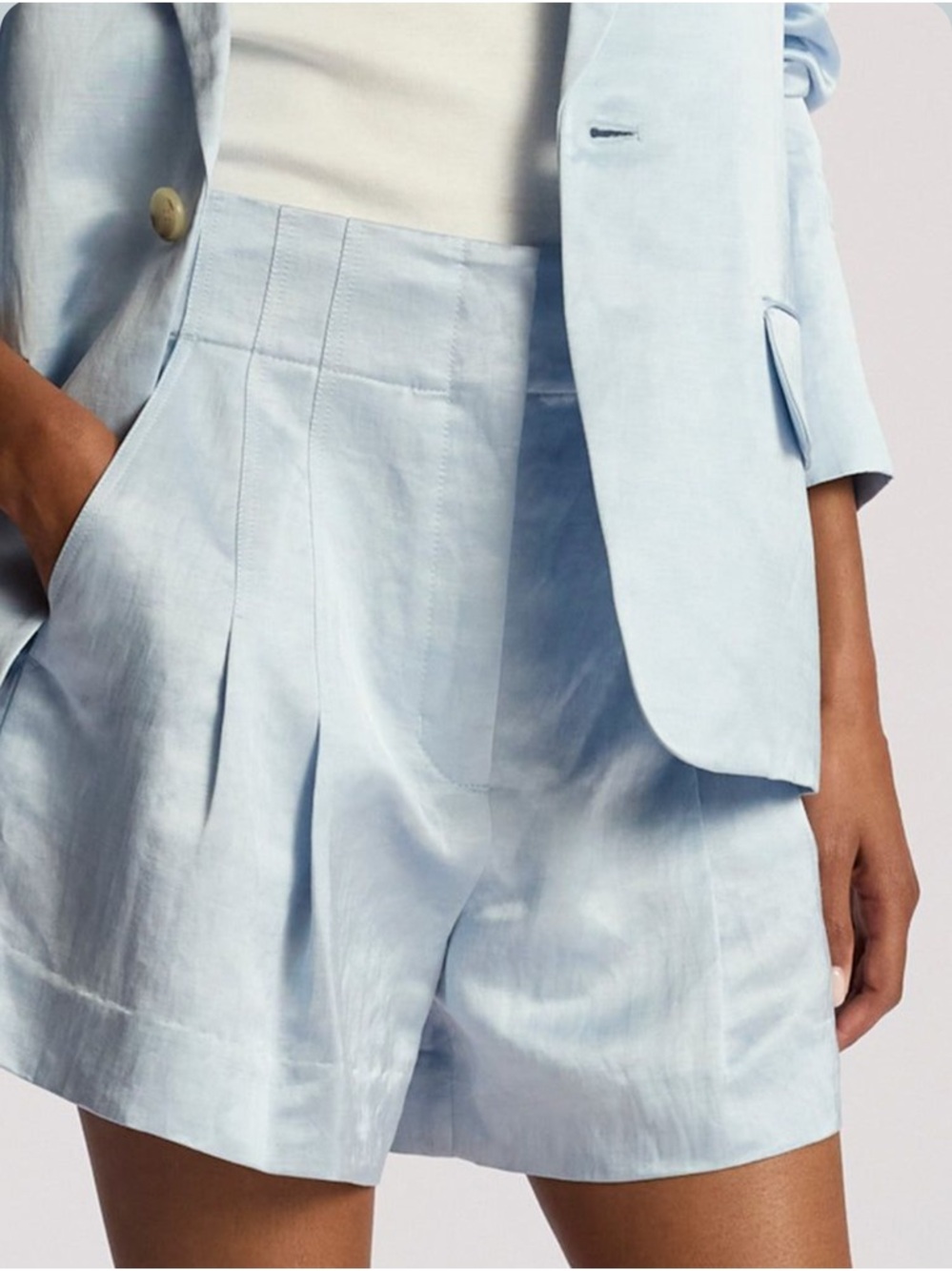 A.L.C. Pale Blue High-Waist Pleated Bermuda Shorts